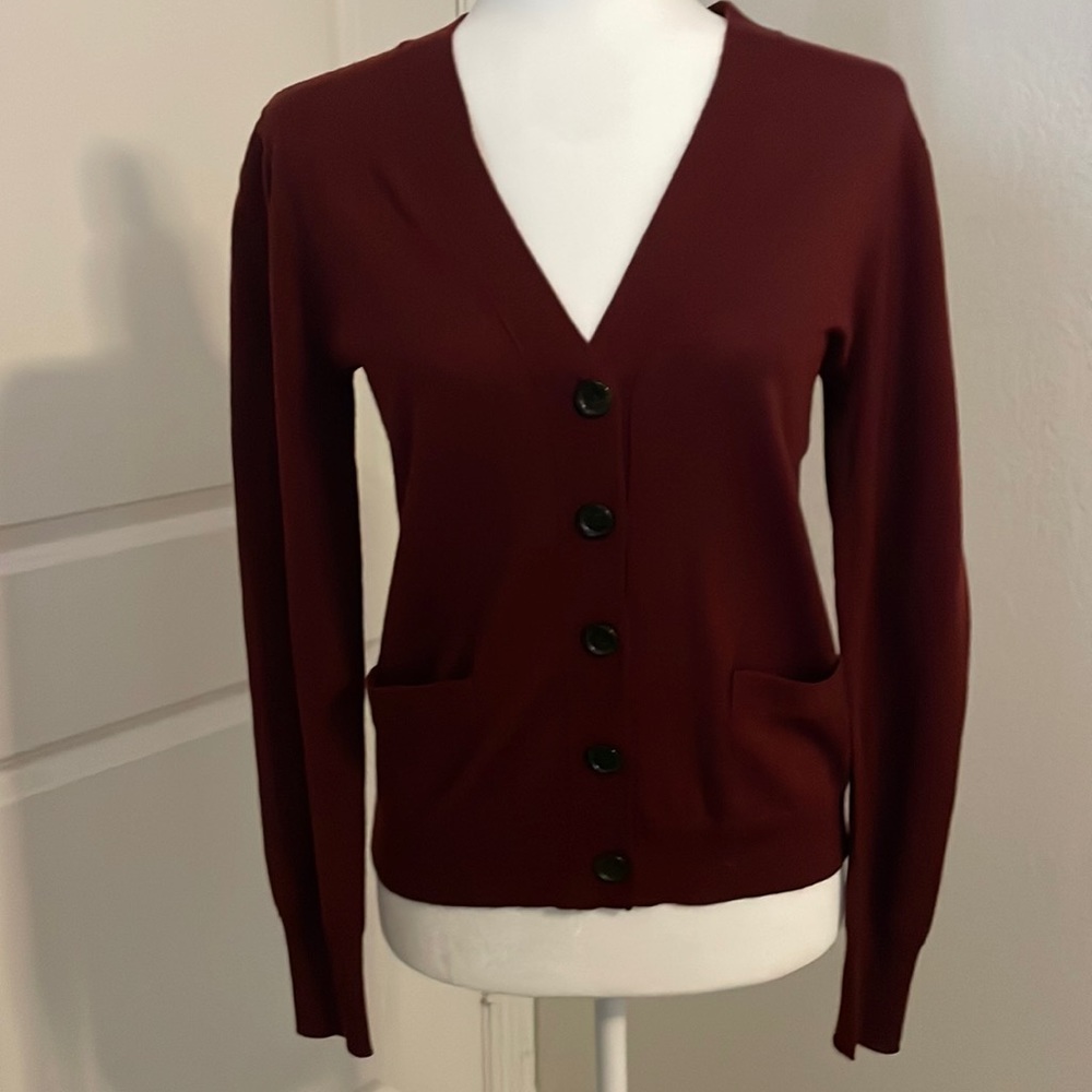 J Crew Merino Wool, V-Neck, 5-button cardigan, wine, Size S NEW